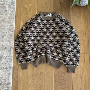 Vintage Saturdays NYC Sweater Mens XL Brown Geometric Granpa Knit Textured Y2K